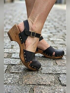 Loints of Holland Woodstock Leather-Wooden Flexible Clogs Mules / Sz 9.5 / Black
